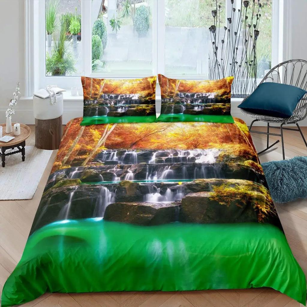 Комплект постельного белья «Водопад» с изображением природного пейзажа, наволочка с изображением пейзажа и леса, комплект постельного белья из полиэстера размера «queen size»