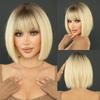 Professional  WIGS Synthetic Short Straight Ash Brown Bob Wig for Women High Density Layered Highlight Blonde Hair Wigs with Neat Bangs