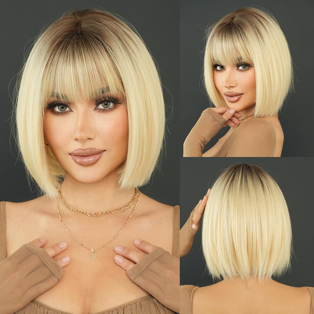 Professional WIGS Synthetic Short Straight Ash Brown Bob Wig for Women High Density Layered Highlight Blonde Hair Wigs with Neat Bangs