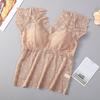 Women Lace Top Mesh Sheer Short Sleeve V Neck Undershirt with Padded Bra Floral Lace Tank Top Summer Casual Basic Shirt