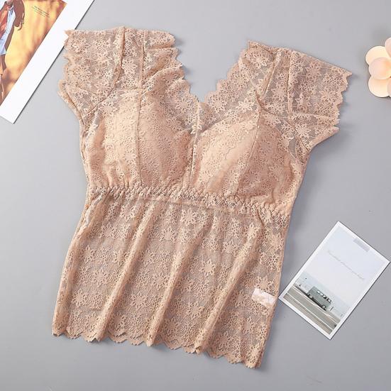 Women Lace Top Mesh Sheer Short Sleeve V Neck Undershirt with Padded Bra Floral Lace Tank Top Summer Casual Basic Shirt