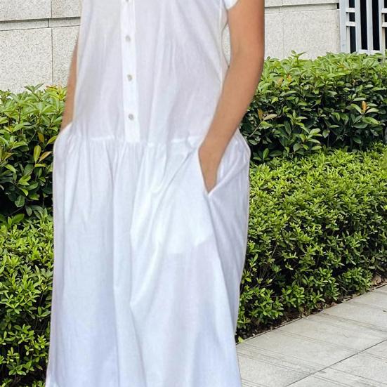 Женское летнее платье с лацканами и короткими рукавами, однотонное однобортное повседневное длинное платье