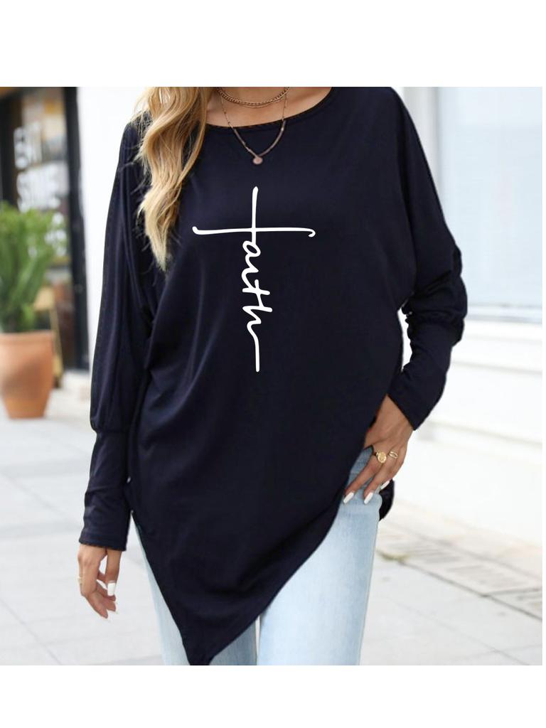 Women's Oversize Long-Sleeve Spring/Fall Asymmetrical Hem T-Shirt