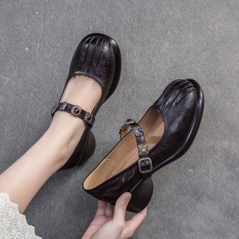 Fashion GKTINOO 2025 Spring New Lolita Genuine Leather Shoes Sweet Round Toe Thick Heel Wrinkled Women's Shoes