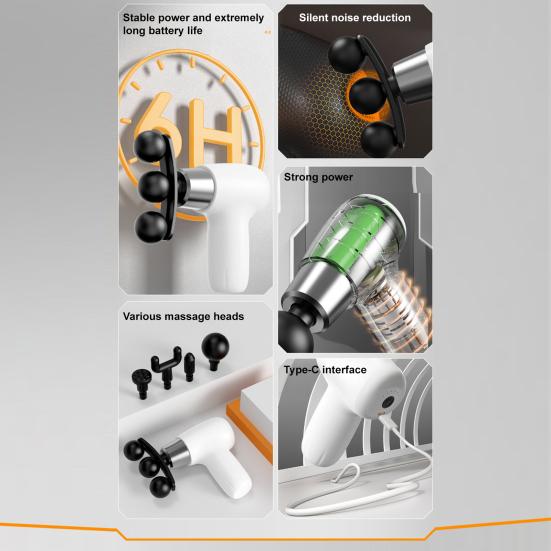 Мини перкуссионный массажер Портативный массажер для глубоких тканей 6 скоростей и 9 насадок Бесшумная работа Массажный инструмент для облегчения мышц