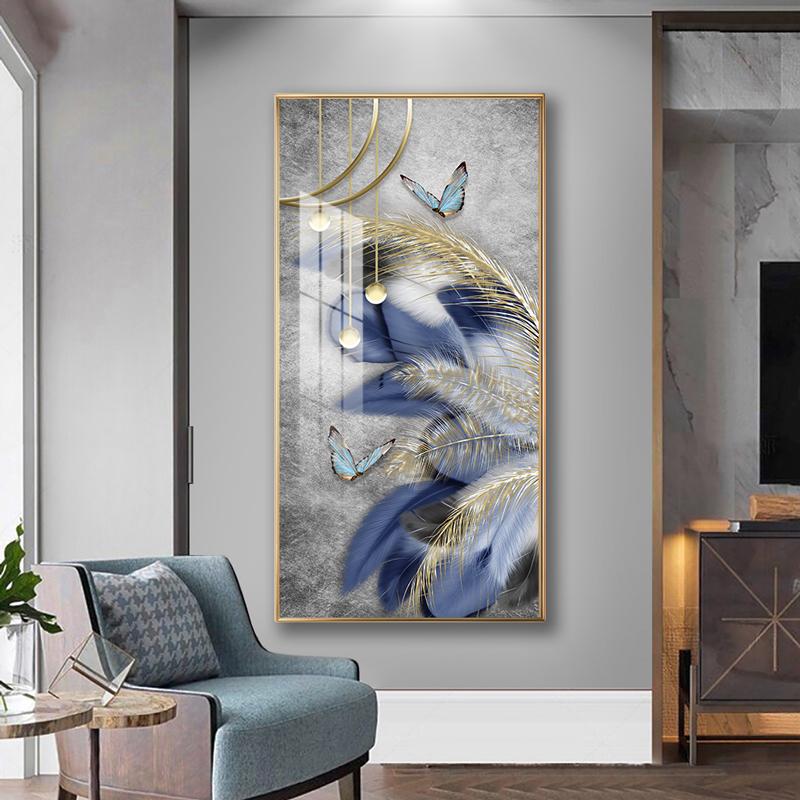 Abstract Feather Golden Yellow Deer Posters Prints Golden Feathers Canvas Painting Tree Wall Art for Living Room Home Decor