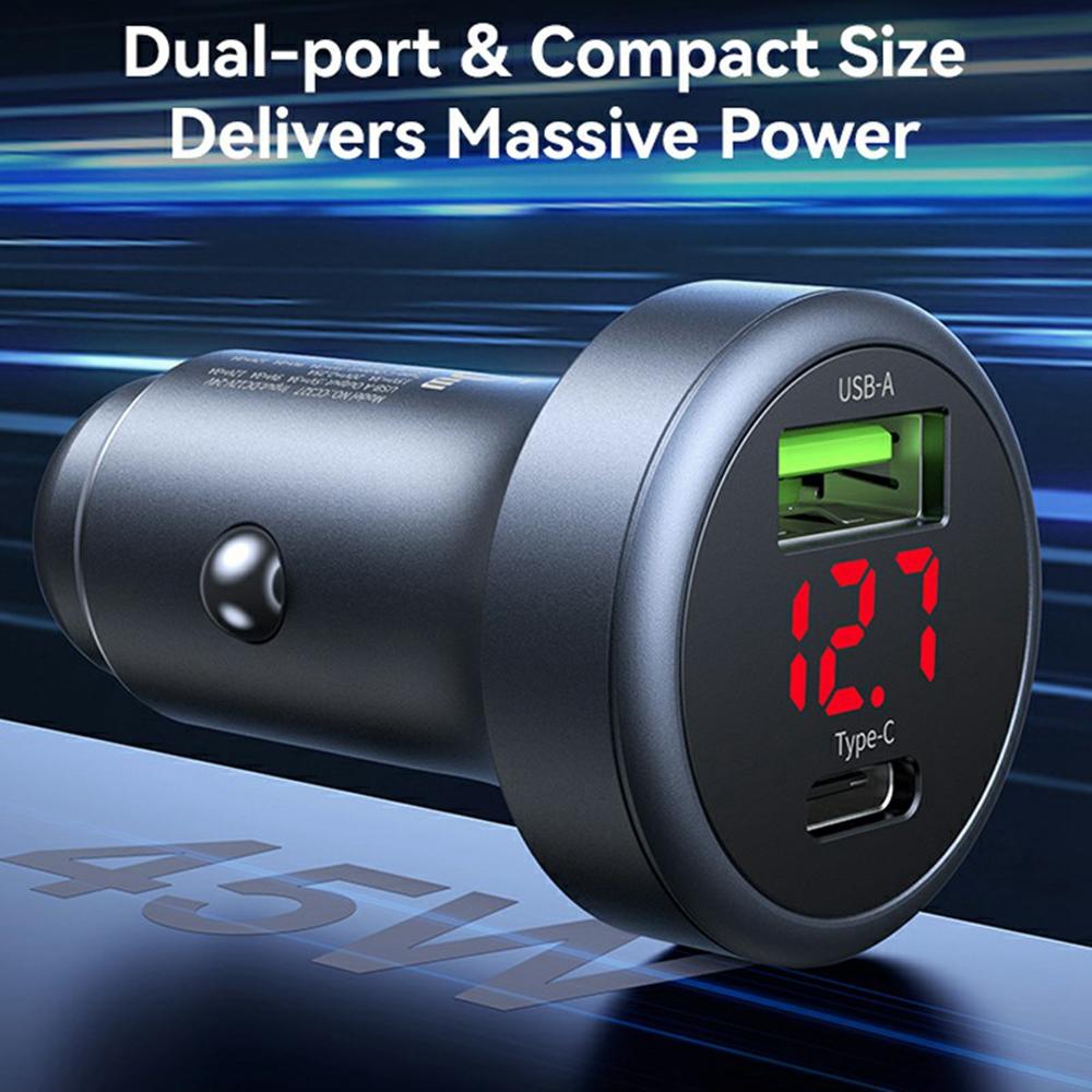 USAMS CC327 C44 USB-A + Type-C Dual Port Car Charger 45W Fast Charging Aluminum Alloy Power Adapter with Voltage Display