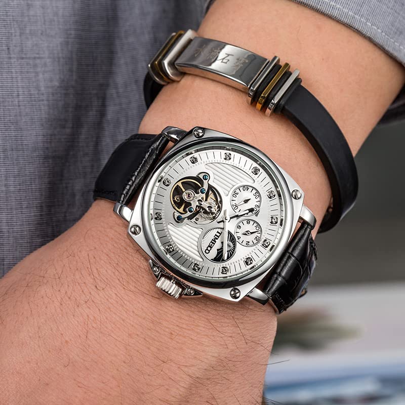 TIME100 Популярные часы Часы Автоматические механические Модные водонепроницаемые сплав Черный кожаный ремень Офисный работник Взрослый мужественный Time100 Коллекция Серебряный