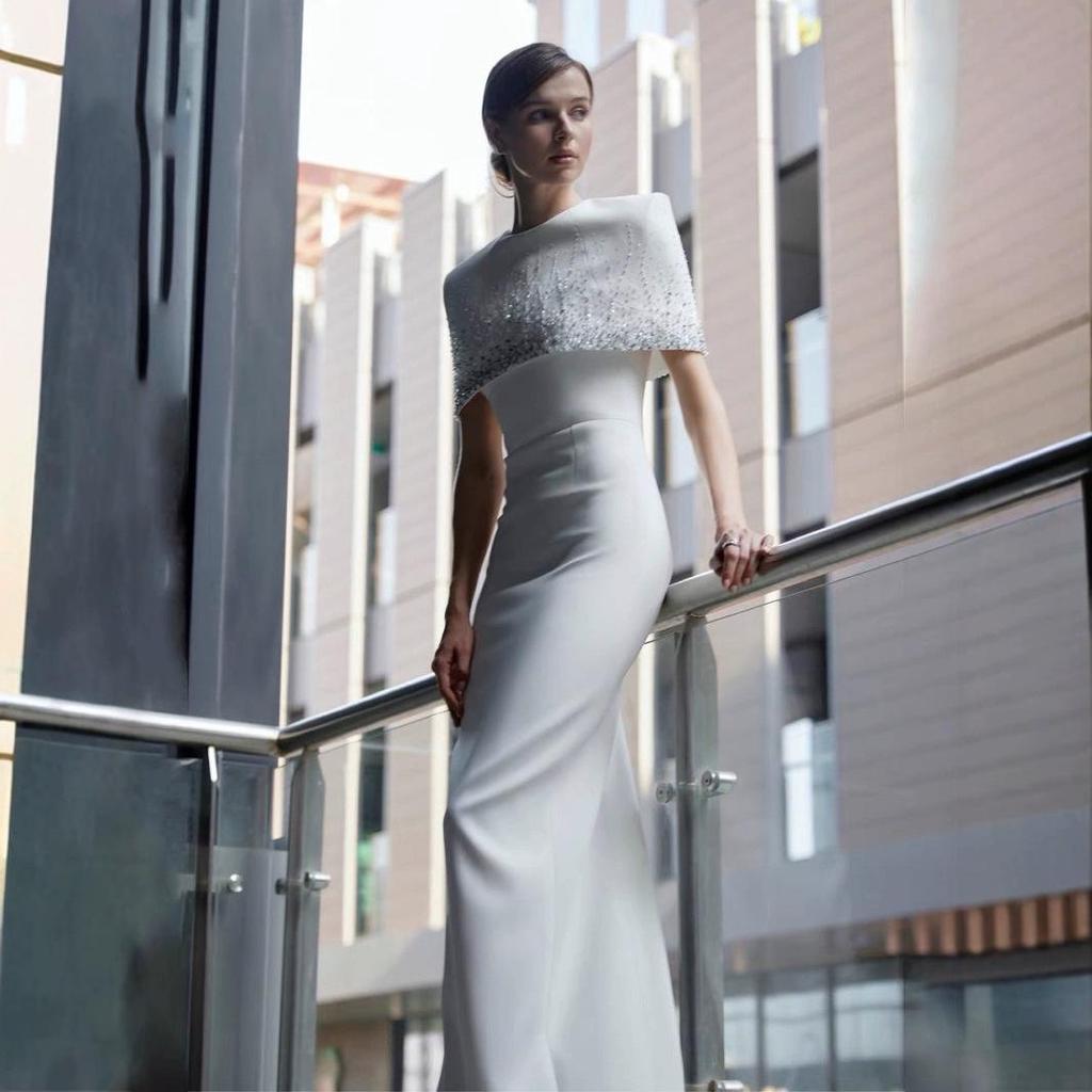 Elegant White Vietnamese Evening Dress with Beaded Cape