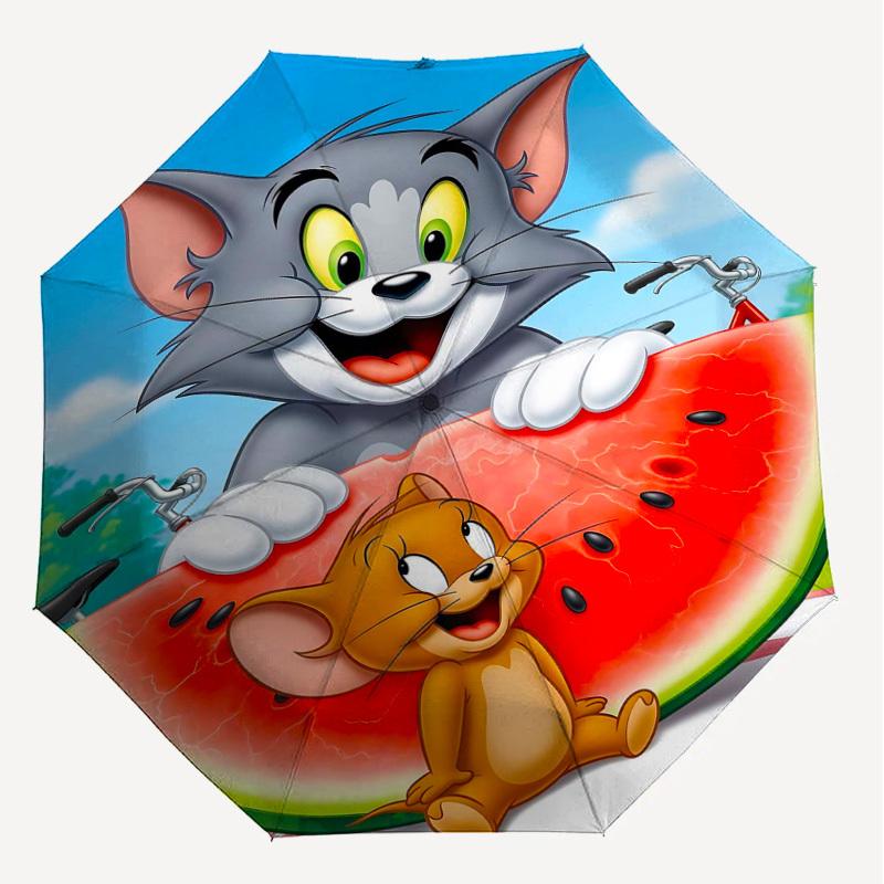 1pc Tom and Jerry watermelon Automatic Open/Close Umbrella Compact Folding Umbrella with 8-Rib Shaft lightweight esign, for Women/Men1165A