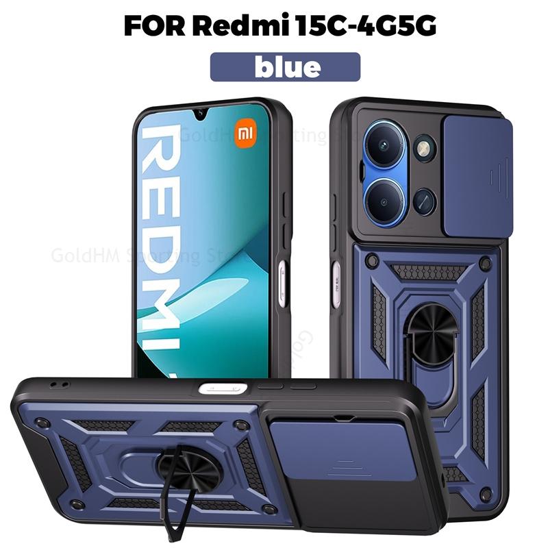 Противоударный гибридный чехол для телефона повышенной прочности для Xiaomi Redmi 15C 14C 13C с магнитным кольцом-держателем-подставкой и сдвижной крышкой объектива Redmi Note 14 12 13 15 Pro Plus