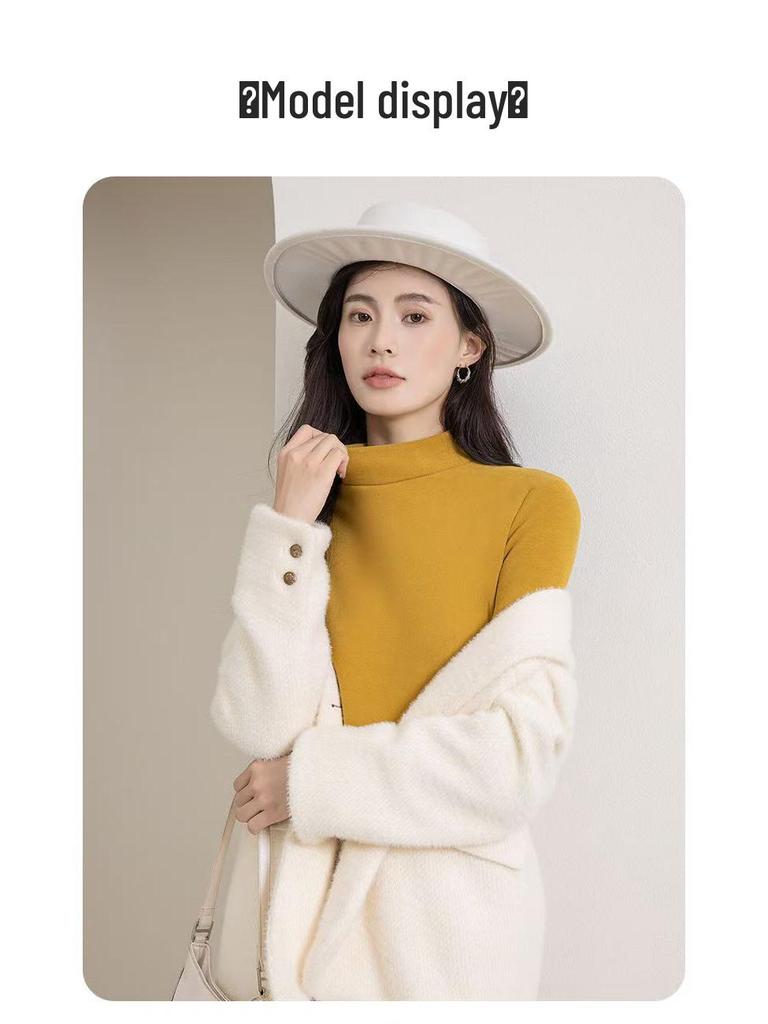 Camel Wool Women's Thick Fleece-Lined Semi-High Neck Top for Autumn/Winter