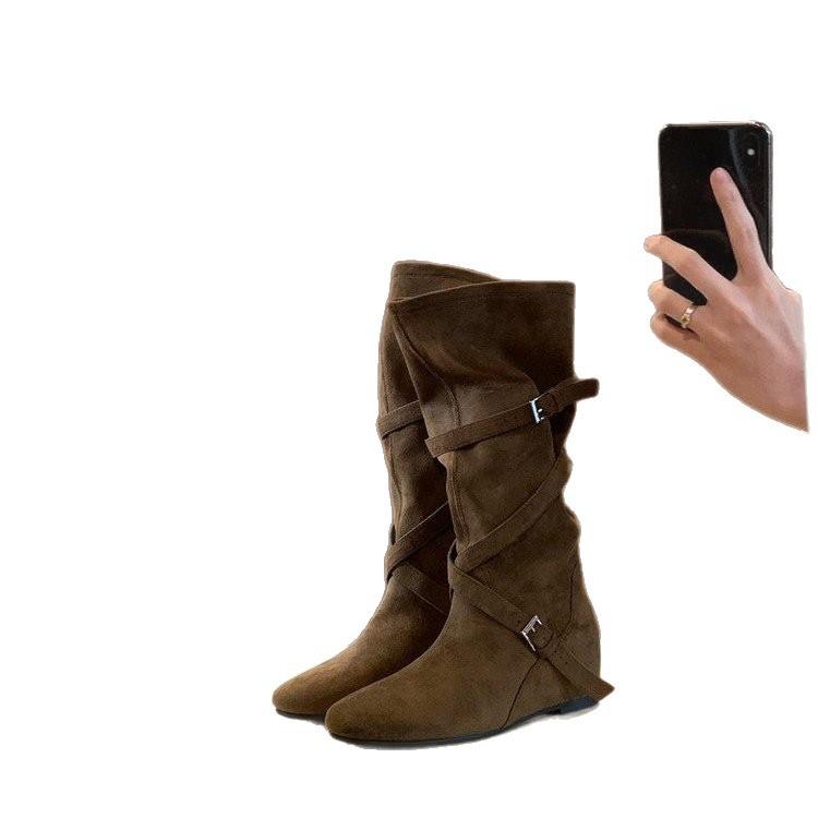 2025 новые ретро ковбойские сапоги в западном стиле женские мягкие плиссированные сапоги на наборном каблуке сапоги со скрытой платформой средней длины модные
