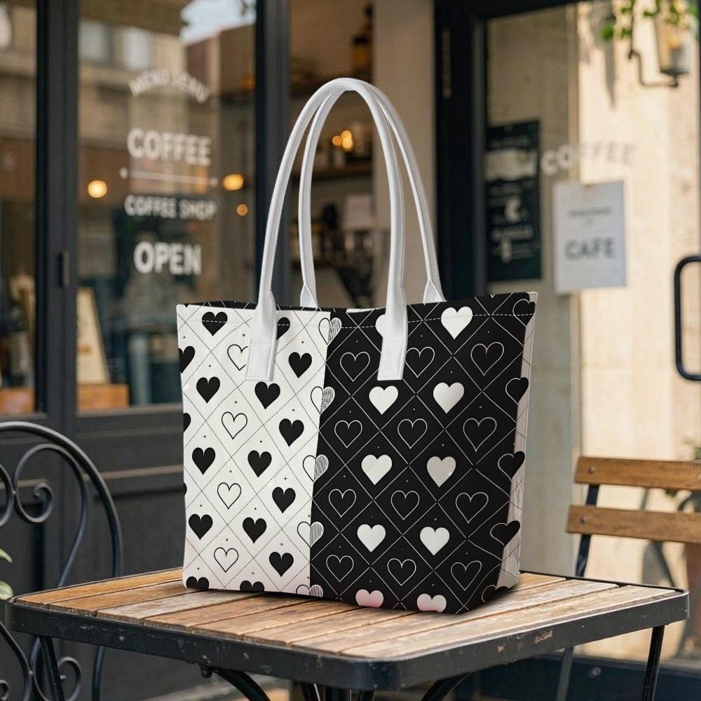 Black White Heart Pattern Tote Bag Fashion Large Capacity Daily Shoulder Handbag