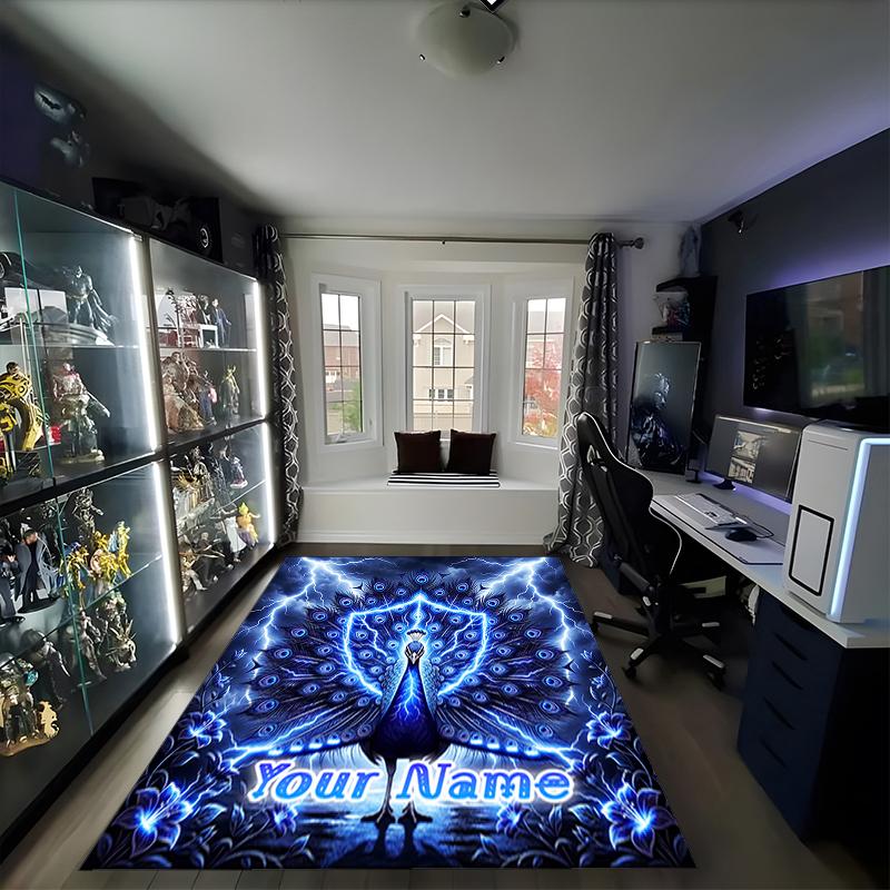 1PC Custom Name Electric Peacock Artwork Theme Floor Mat Ideal for Living Room, Game Rooms, Office, Bedroom,Floor Mat Playful Design