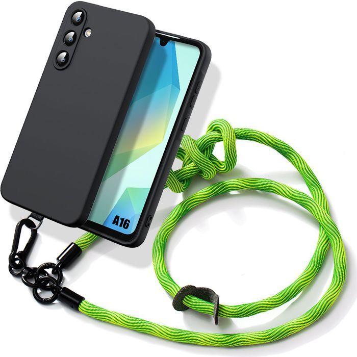 Case for Samsung Galaxy A16 5G/4G - Black Shockproof Silicone with Detachable Green Lanyard