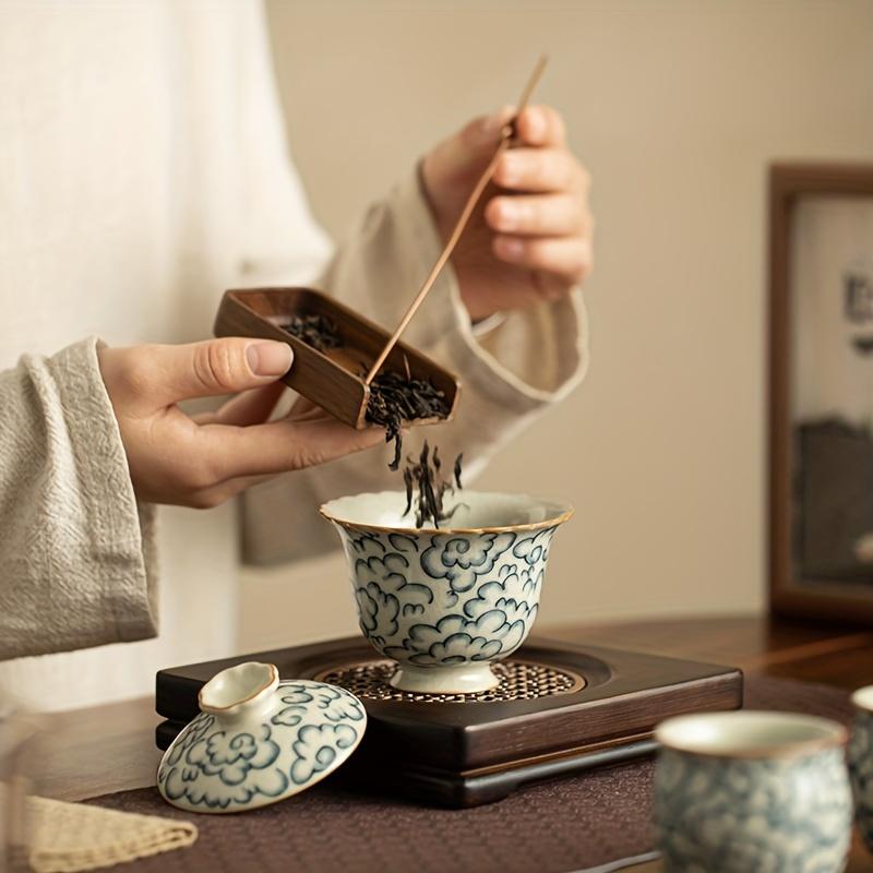 1set Rustic Ru Kiln Porcelain Tea Set Vintage Blue And White Floral Design Chinese Kung Fu Tea Ceremony Ceramic Teapot With Lid And Two Cups For Home