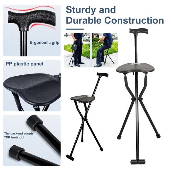 300 Lbs Crutch Stool with Seat Lightweight Folding Walking Stick Chair Portable Cane for Senior Elderly Camping Hiking