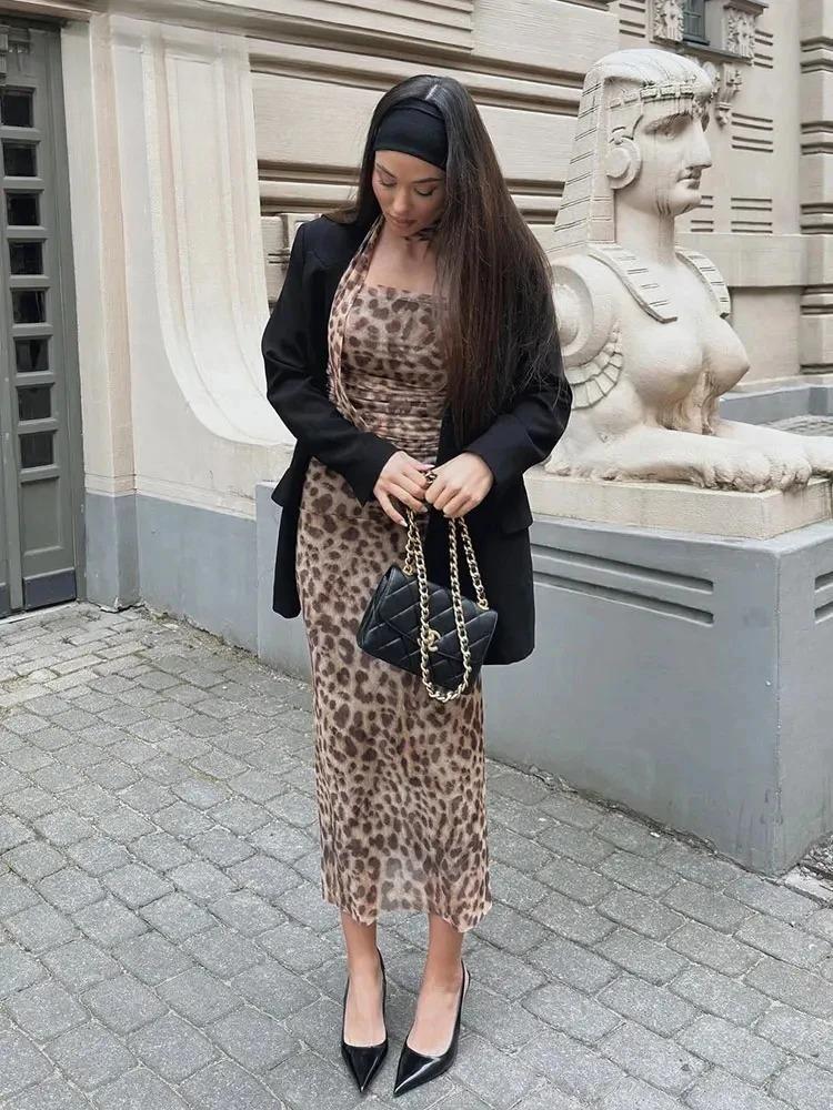 Vintage Tulle Leopard Printed 2 Piece Sets Women Casual A-line Skirt + Sexy Halter Neck Tops Fashion Off Shoulder Streetwear Suits