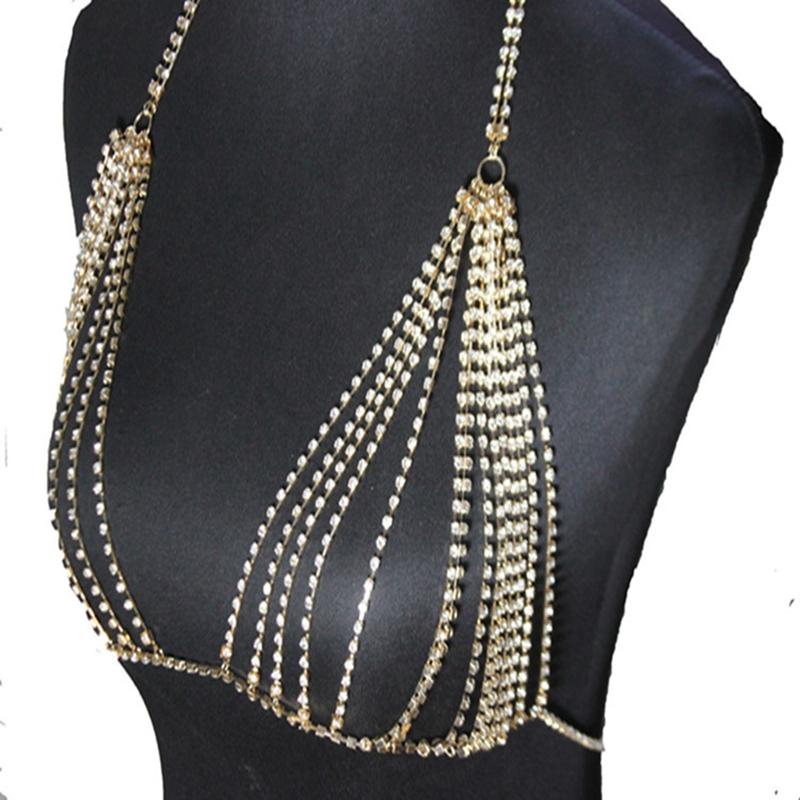 Women Fashion Rhinestone Shining Alloy Bra Chest Chain Sexy Body Chain Gold