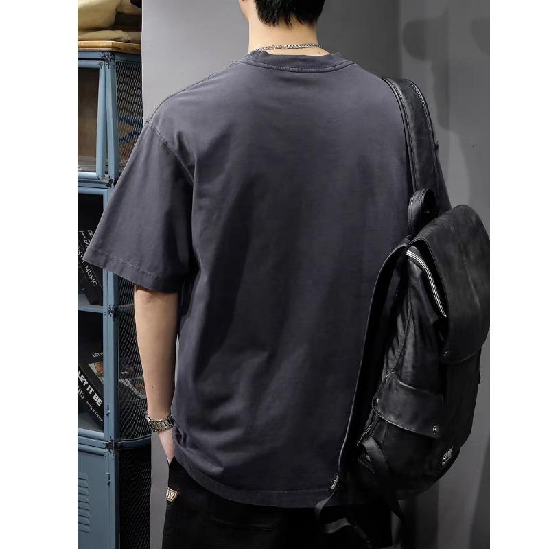 Мужская винтажная футболка из выстиранного хлопка - Ретро, Тяжеловесная, Рубчатый вырез горловины, Короткий рукав, Свободный крой