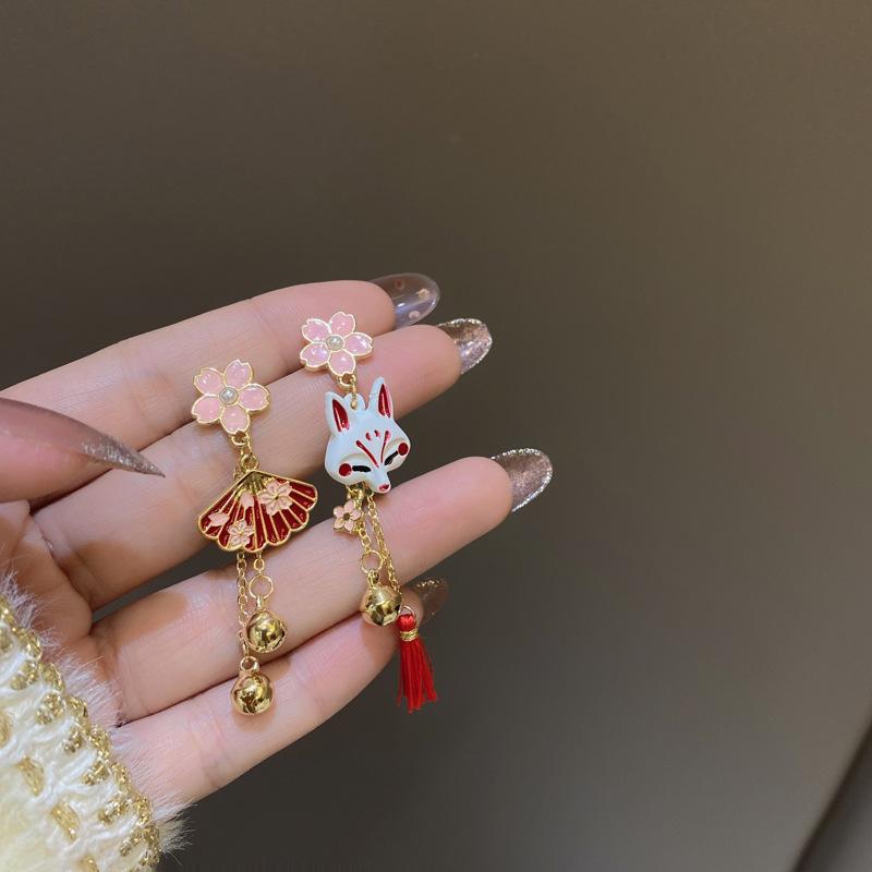 Chinese Fox Mask Folding Fan Asymmetrical Long Tassel Earrings For Women Girls Cherry Blossom Ear Hook Christmas Jewelry