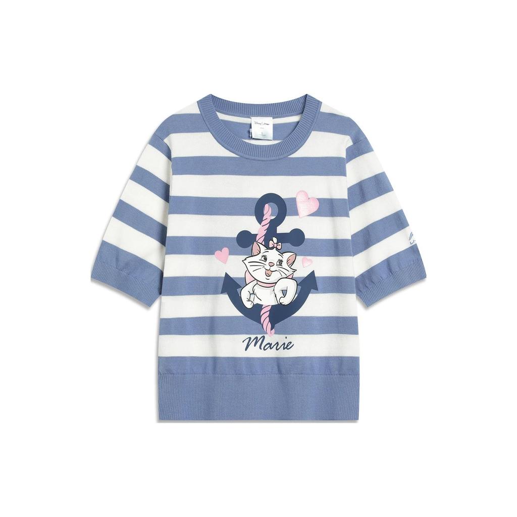 Футболка Li Ning X Disney Collaboration Marie Cat Series с полосатым принтом и круглым вырезом, рукавом три четверти, женские топы AMBT116-3