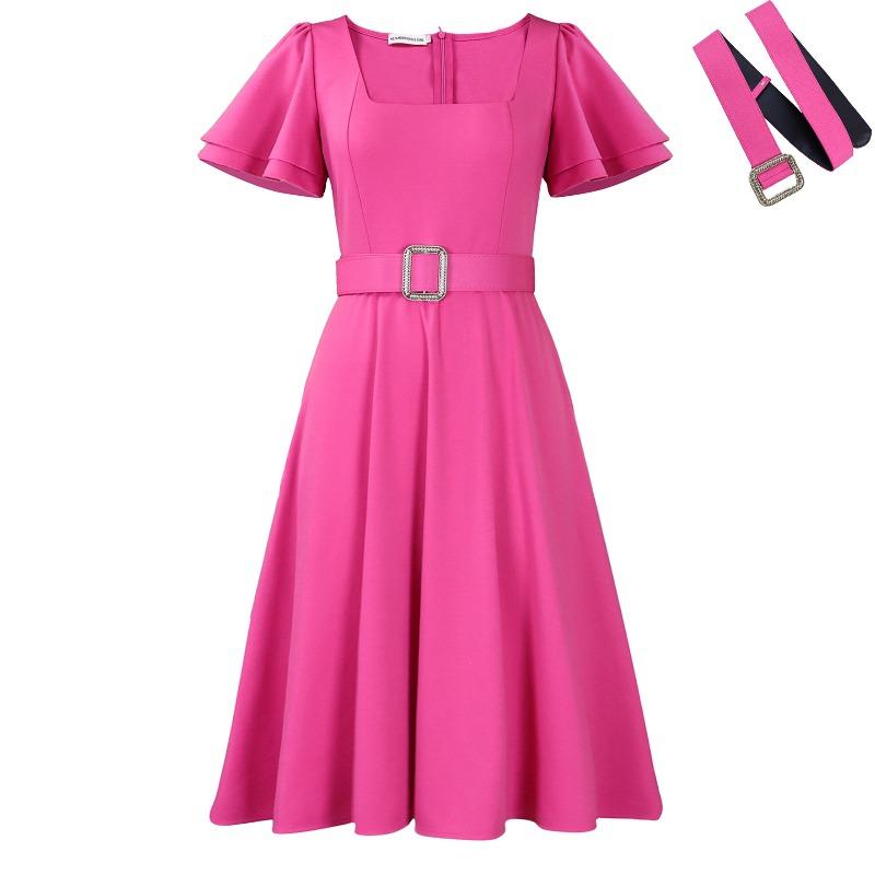BFCCQB Women's Fashion Summer Spring Solid Color Print Square Collar Short Sleeve Casual Dresses