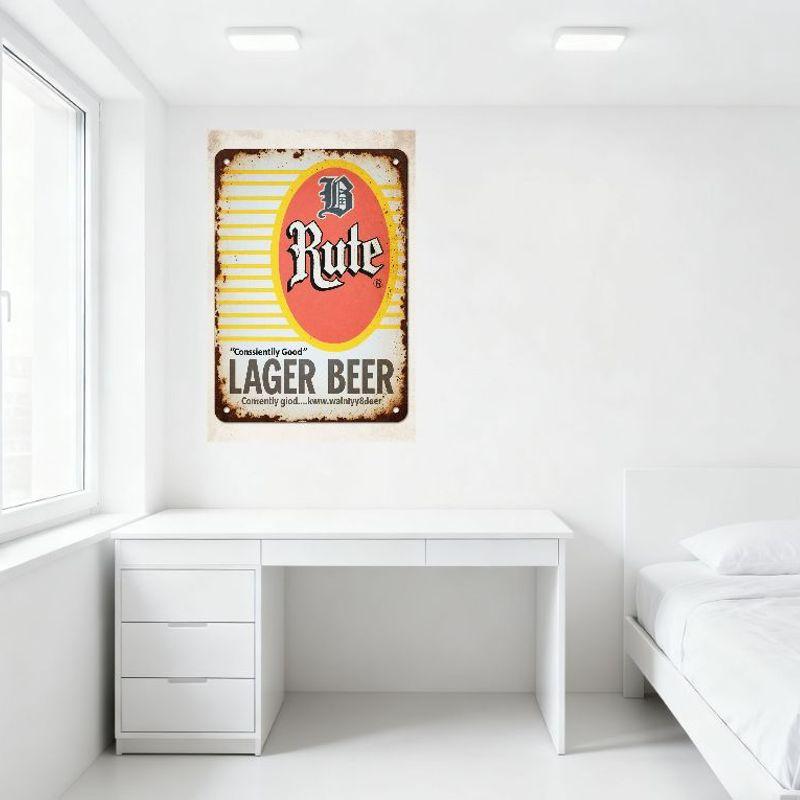 Vintage Rusty Metal Sign 'B Rute' Conscientiously Good Lager Beer with White/Yellow Stripes & Red Oval, Weathered Home Bar Cafe