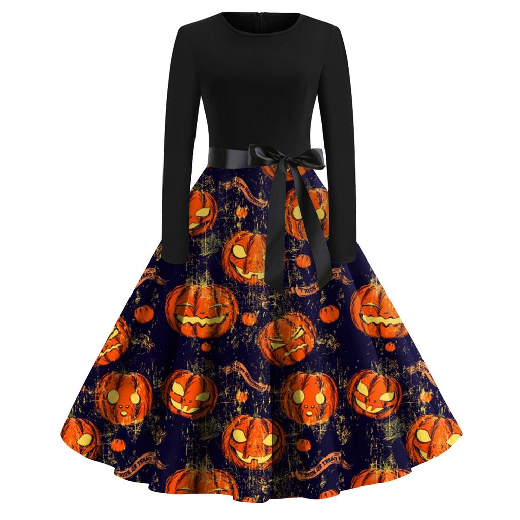Women's Halloween Print Flare Dress For Women Long Sleeve Dress Party Casual Dresses