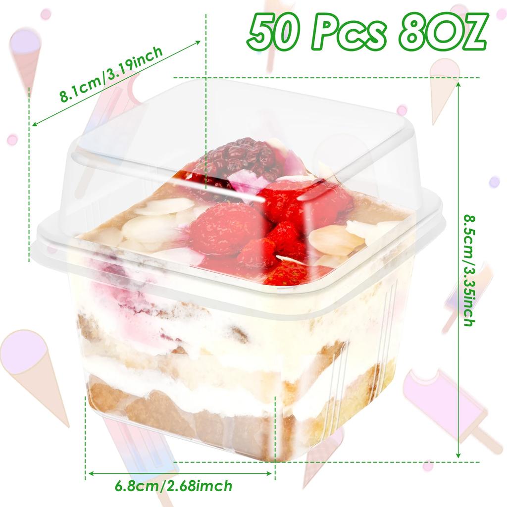 50Pcs Plastic Dessert Cups 8oz Clear Square Single Dessert Box Sealed Cake Storage Box for Muffins Cupcake Pudding Mousse Party