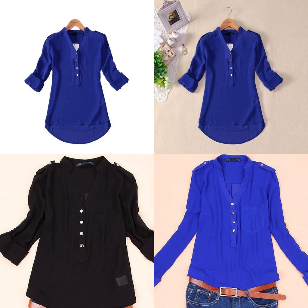 V Neck Chiffon Blouse With Large Pockets Loose Fit Long Sleeve Shirt For Women