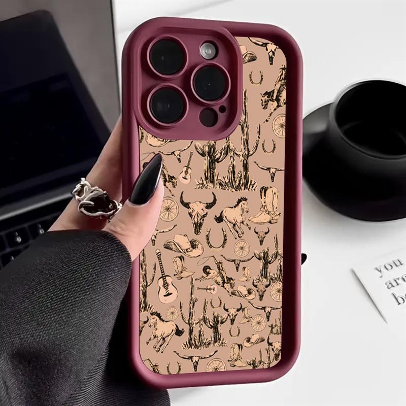 Western Graffiti Brown Silicone Soft Case For iPhone 13 14 Pro Max 11 12 15 16 Plus SE2022 7 8 X XS XR Shockproof Candy Cover