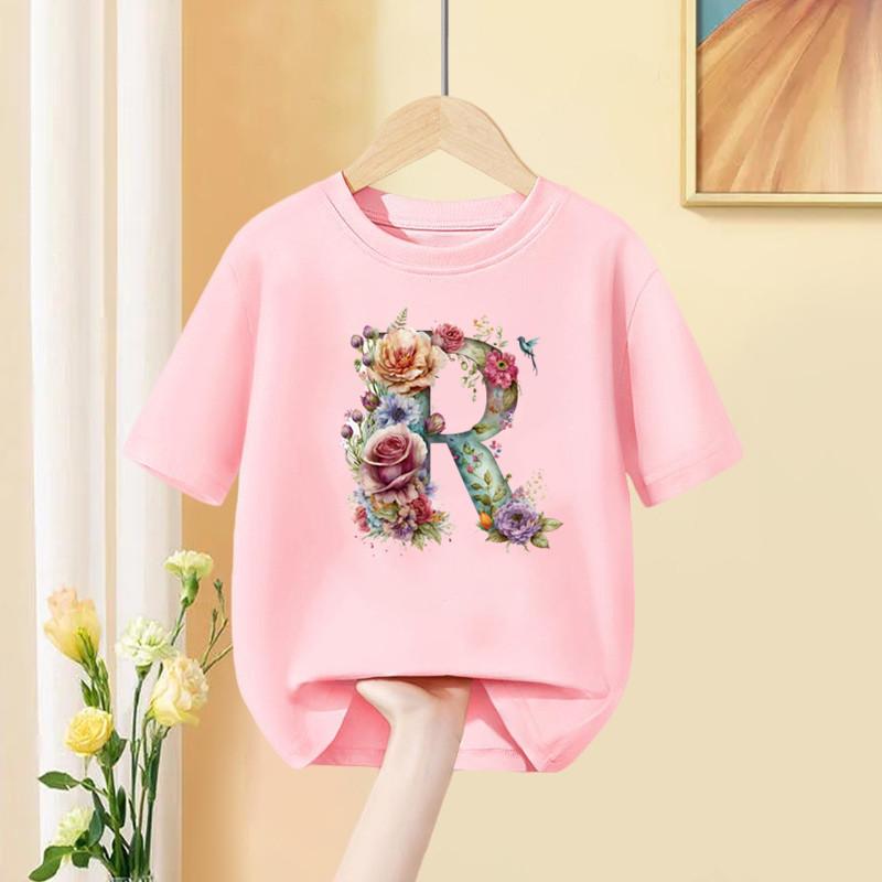 Девочки Футболка С Пользовательским Именем Комбинация Букв Принт Футболка Цветочный Буквенный Шрифт A B C D E F G Короткий Рукав Детские Розовые Топы