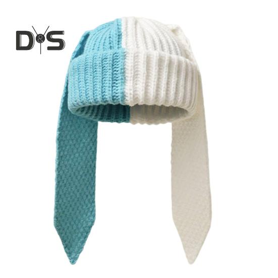 Зимняя вязаная шапка с длинным декором в виде заячьих ушей, контрастного цвета, унисекс, толстая, теплая, высокоэластичная, ветрозащитная, для холодной погоды, для катания на лыжах и т. д.