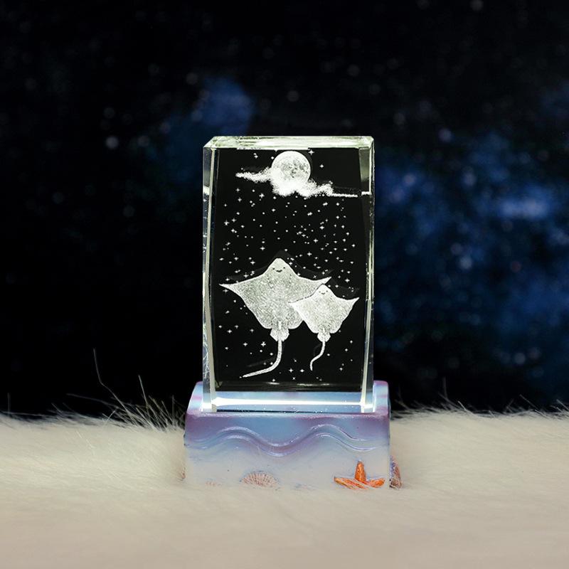3D Laser Engraved Crystal Cube Night Light, Resin Sea Base LED Lamp, Bedroom Decor Birthday Gift