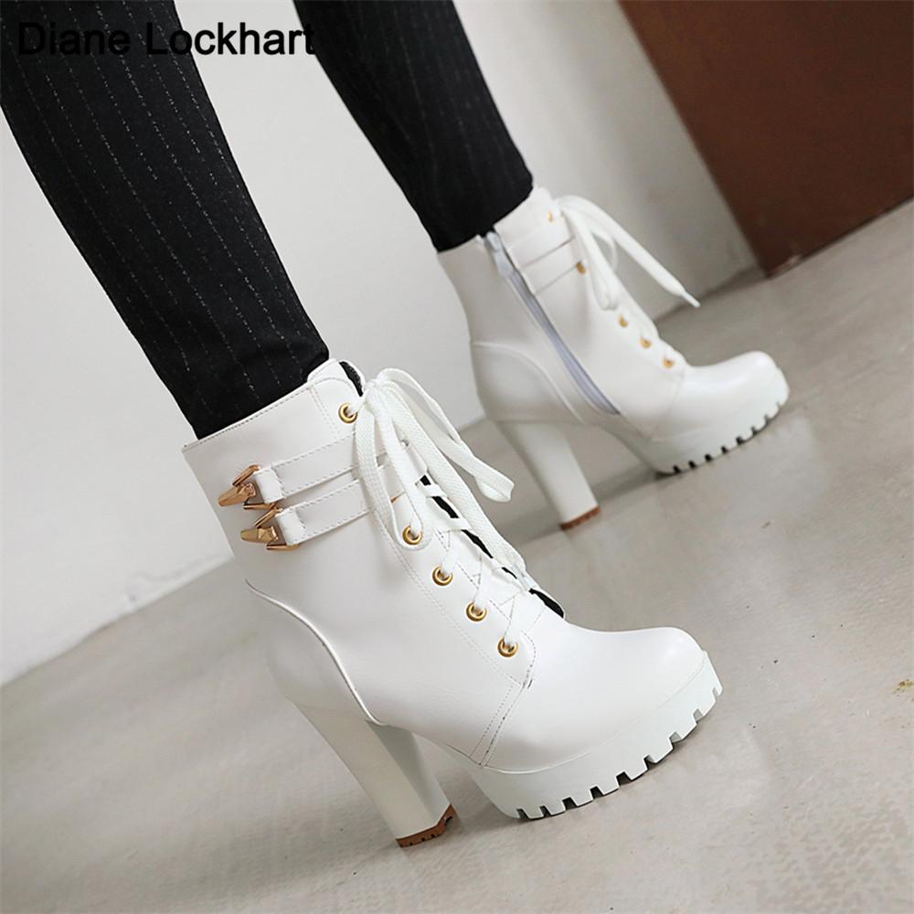 Fashion Brand Designers Autumn Winter New Women Shoes Black Heels Boots Lacing Platform Ankle Boots Chunky Heels Lace-up Botas White
