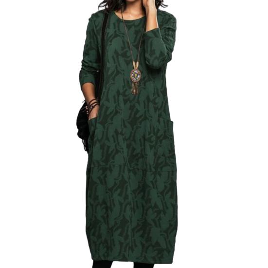 Женское весенне-осеннее платье миди с круглым вырезом и длинными рукавами, карманами, дизайнерским принтом, свободное элегантное платье, уличная одежда