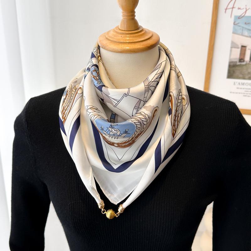 Magnetic Buckle Silk Neck Scarf: Triangle Design for Women, 70x70cm, Lightweight Spring/Summer/Autumn Accessory