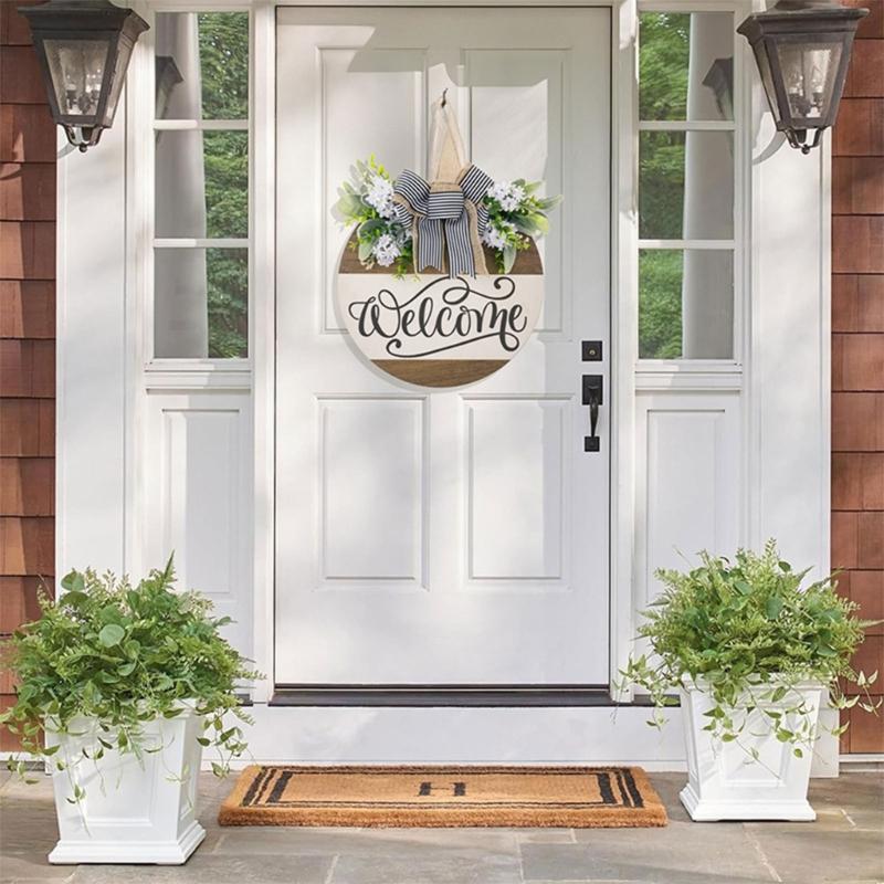 Деревянная приветственная табличка Цветочный венок Подвески Подвески для входной двери Стены Сада Доска с украшениями в виде бантиков