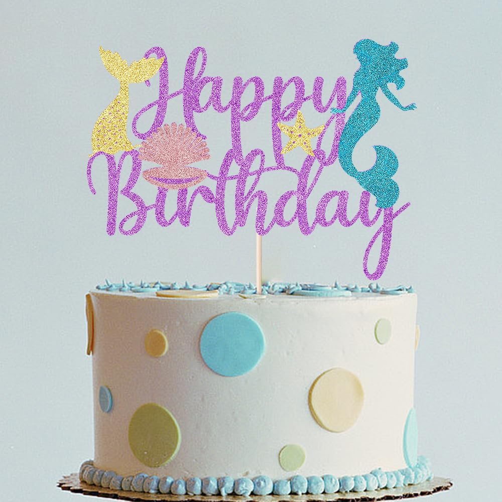 Mermaid Happy Birthday Cake Topper - Glitter Mermaid Under The Sea Theme Cake Topper, Baby Shower Gender Reveal Party, Boys and Girls Birthday Party