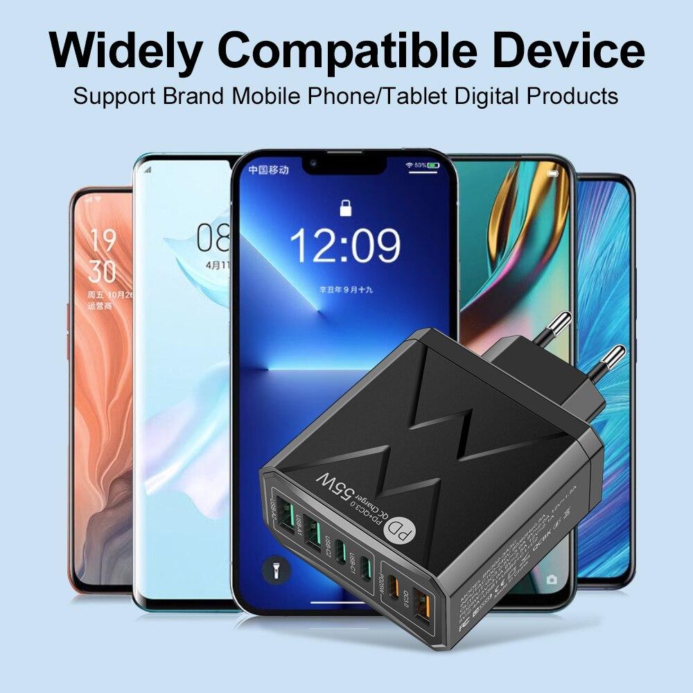 6 в 1 55 Вт PD USB зарядное устройство Быстрая зарядка Quick Charge 3.0 дорожное зарядное устройство для iPhone Samsung Xiaomi зарядное устройство для мобильных телефонов