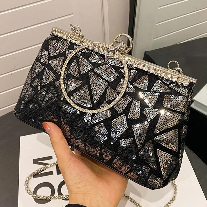 Сумки-мессенджеры с блестками и кристаллами на цепочке для женщин, блестящая сумочка-клатч с зажимом для роскошной свадебной вечеринки, дизайнерский клатч