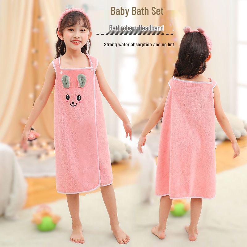 Children's Wearable Bath Towel & Headband Set - Soft, Absorbent, Lint-Free Bathrobe for Kids