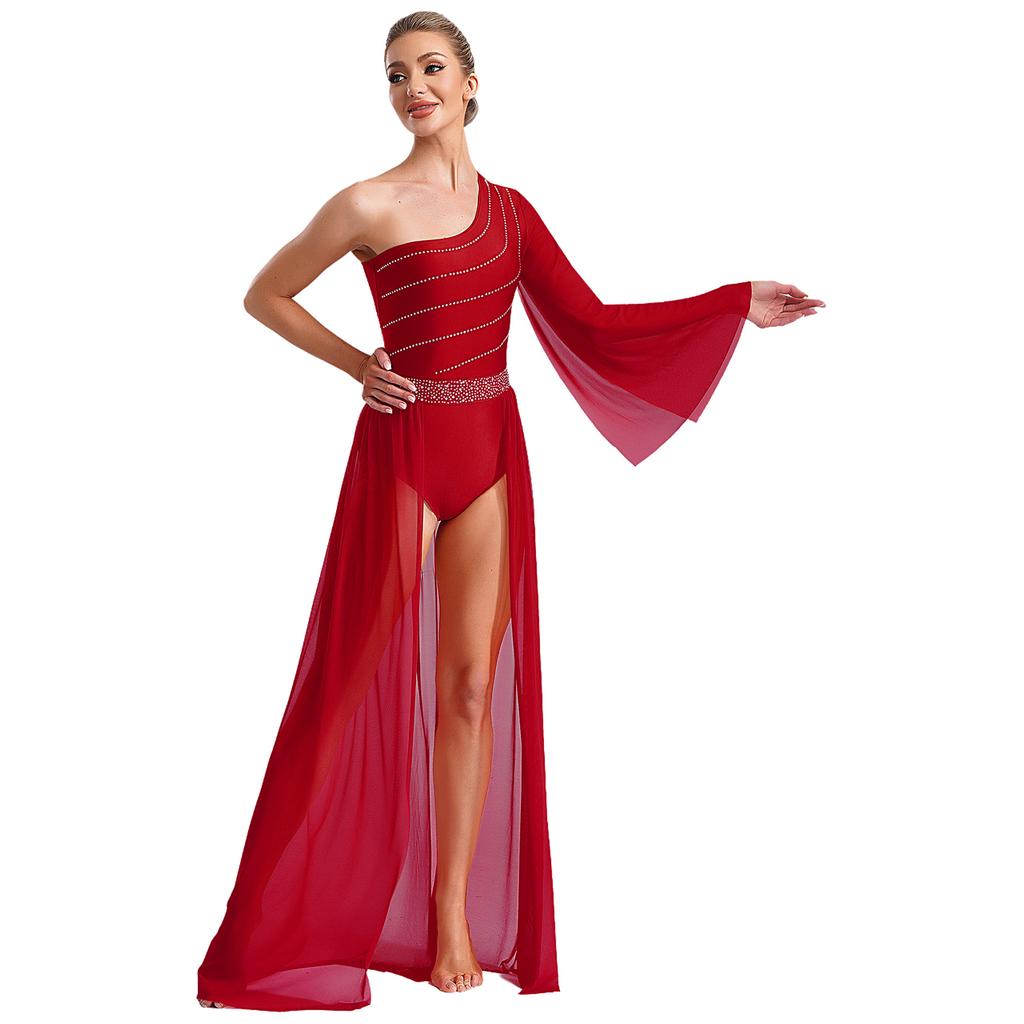 Women's One Shoulder Lyrical Dance Dress Sheer Mesh Flared Sleeve with Shiny Rhinestones Flowy Split