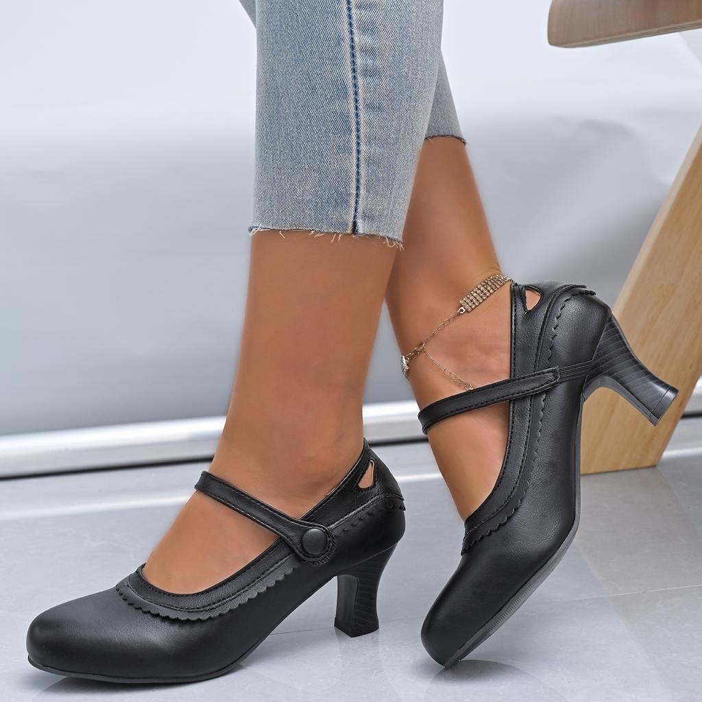 Designer Women Pumps Casual Mary Jane Shoes Solid Color Round Toe Shoes Buckle Strap Leather Sandals Footwear High Heels Shoes