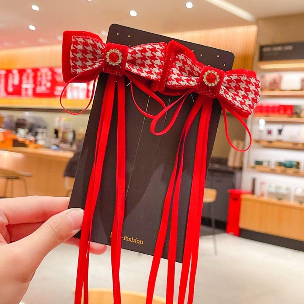 2pcs Tassel New Year Headwear Bow Red Wig Braid Hairpin Traditional Children Hair Clip