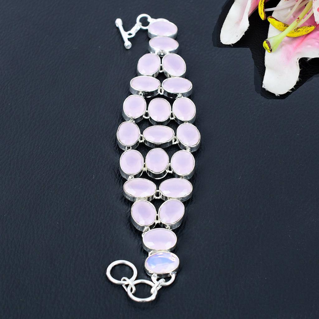 Pink Chalcedony Gemstone Handmade 925 Sterling Silver Bracelet 7-8" KG-386
