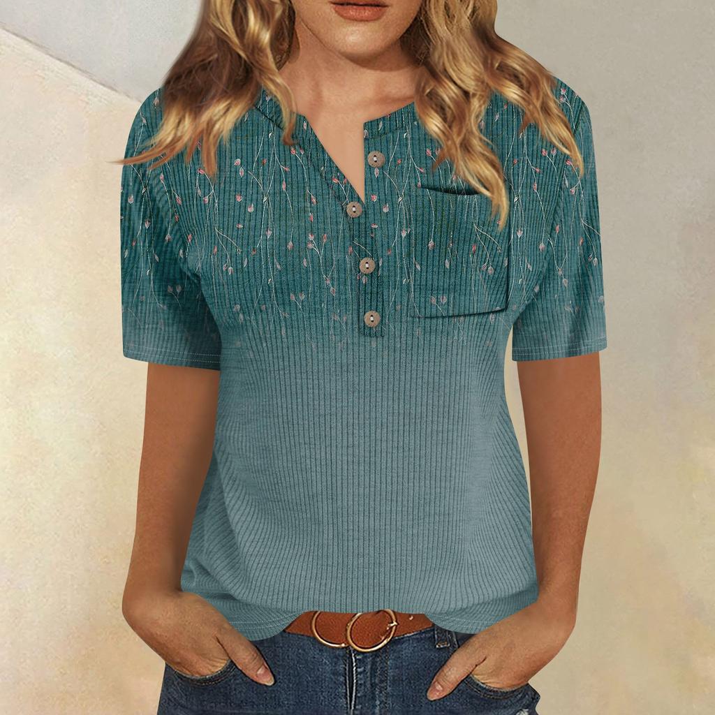 Футболки для женщин, плиссированные, с V-образным вырезом, нарядные, повседневные блузки с принтом, короткие рукава, летние топы, свободный крой