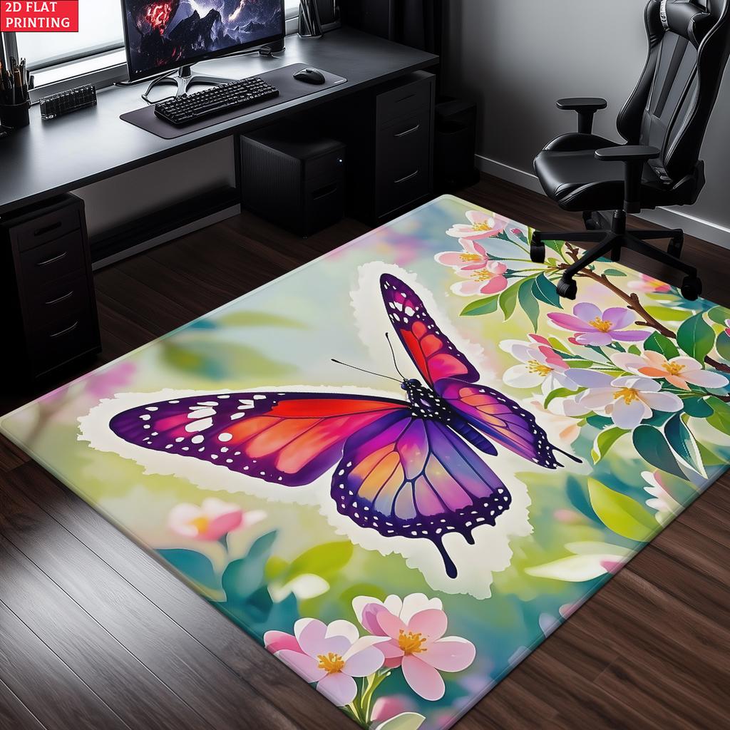 Watercolor Butterfly Flower Area Rug,Non-Slip Floral Print Carpet for Living Room Bedroom, Aesthetic Nature Floor Mat Home Decor